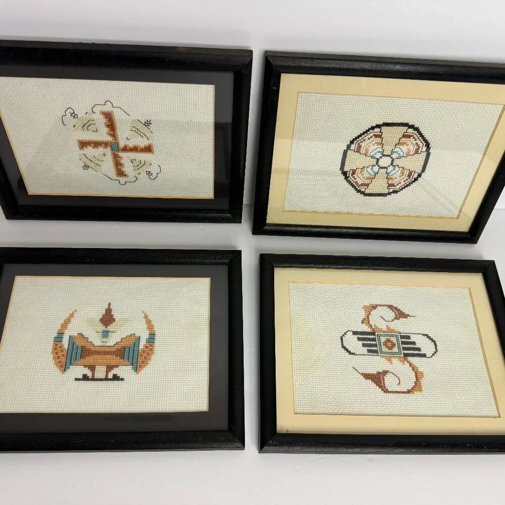 Vintage Hand Cross Stitch Native American Symbols Framed Set of 4